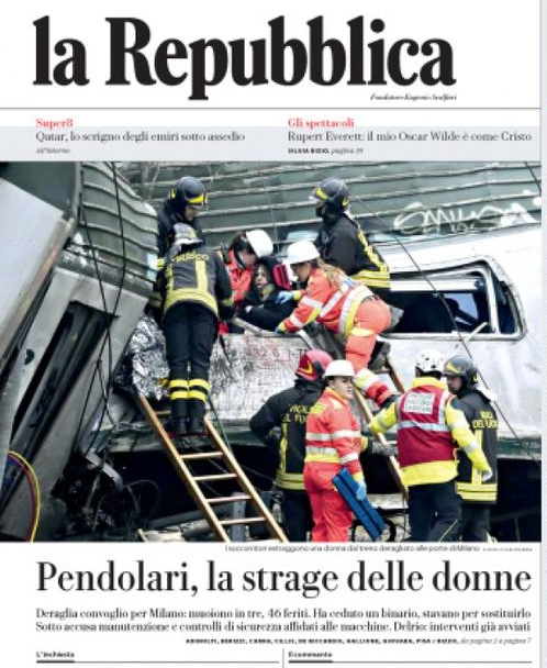 la prima pagina de La Repubblica del 26 gennaio 2018